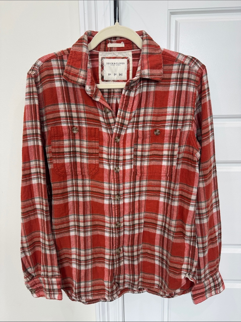 Denim & Flower Ricky Singh Men’s Orange Flannel Button-up Shirt, size Medium